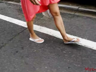 Foot fetish femdom walking with her sub (outdoor)