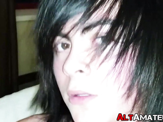 Horny goth twink whips out his cock for hot masturbation