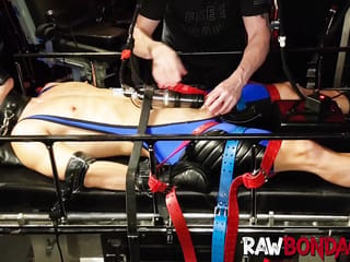 Dungeon master punishes jock Devin Franco in gas mask and cock pumping