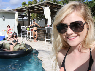 Nude tanning leads to pussy eating foursome