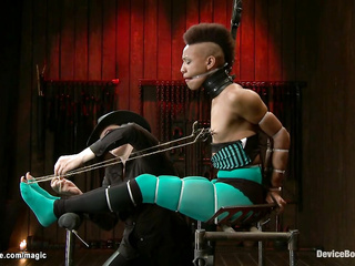 Ebony bound in device ass fucked